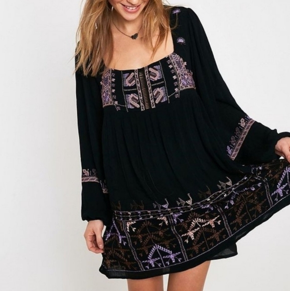 Free People Embroidered Long Sleeve Flowy Babydoll Mini Dress - Picture 2 of 8